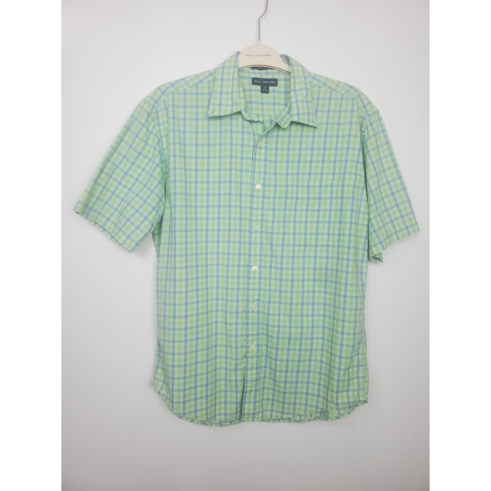 Men's John Ashford short-sleeve button-down shirt, green, size M, 100% cotton.